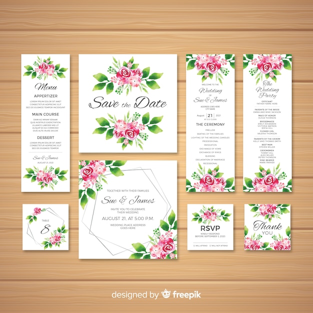 Watercolor wedding stationery template collection