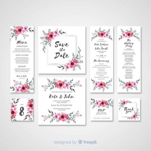 Watercolor wedding stationery template collection