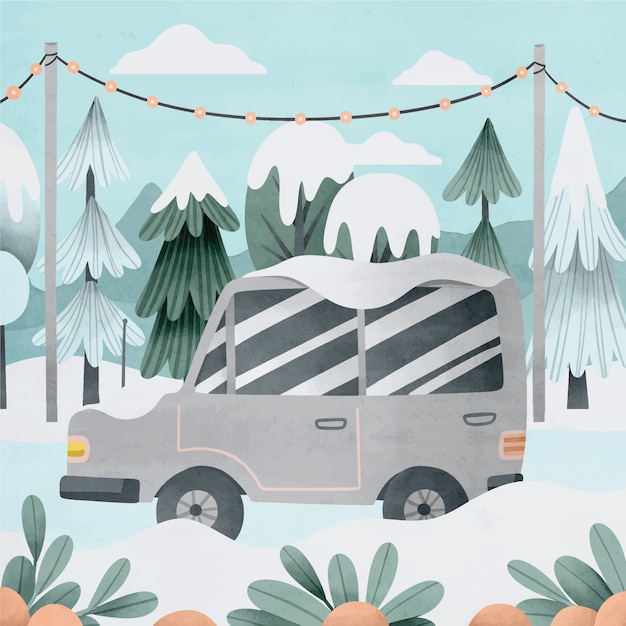 Free Vector watercolor winter car illustration