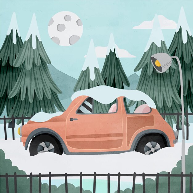 Watercolor winter car illustration