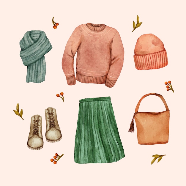 Free Vector watercolor winter clothes and essentials collection