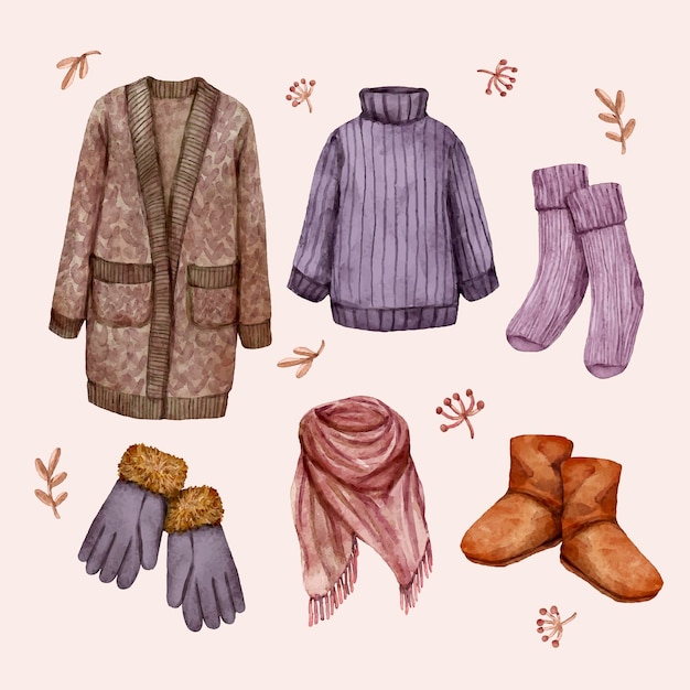 Watercolor winter clothes and essentials collection