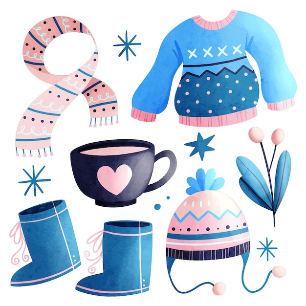 Watercolor winter clothes and essentials collection