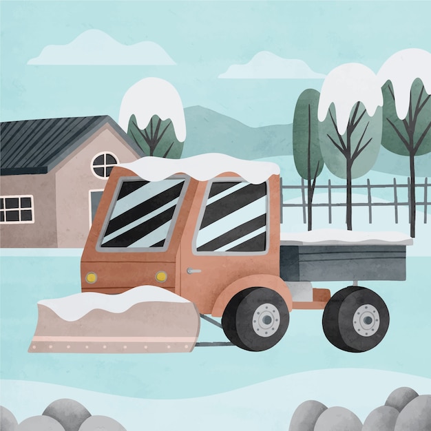 Watercolor winter snow plow illustration