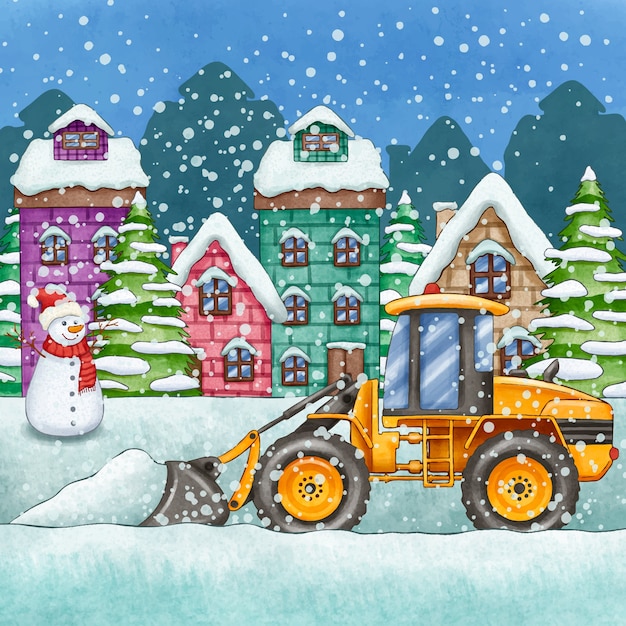 Free vector watercolor winter snow plow illustration