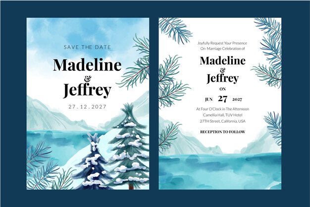 Watercolor winter wedding invitation template