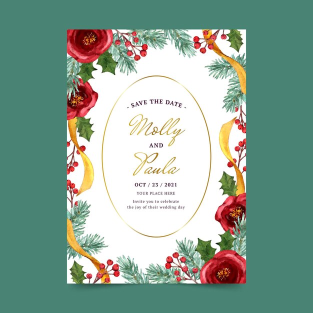 Watercolor winter wedding invitation template