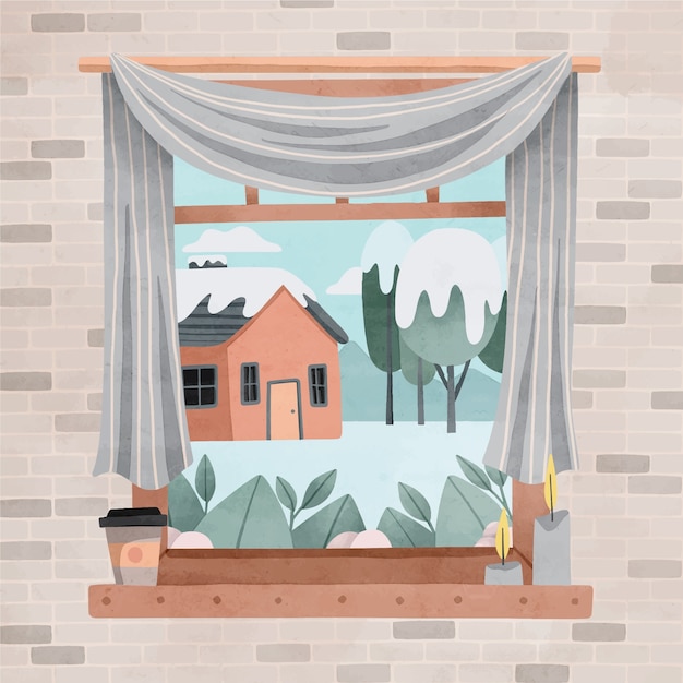 Watercolor winter window illustration