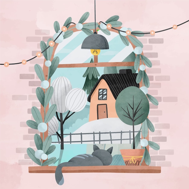 Free vector watercolor winter window illustration