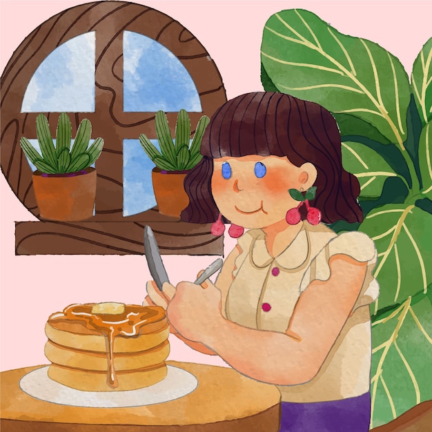 Free Vector watercolor woman eating pancakes illustration