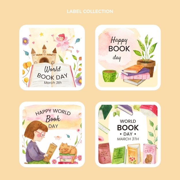 Free Vector watercolor world book day labels collection