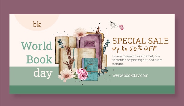 Free Vector watercolor world book day sale horizontal banner template