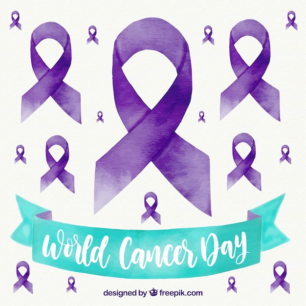 Free Vector watercolor world cancer day background with purple ribbons