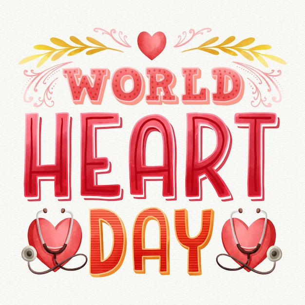 Free Vector watercolor world heart day lettering with heart and stethoscopes