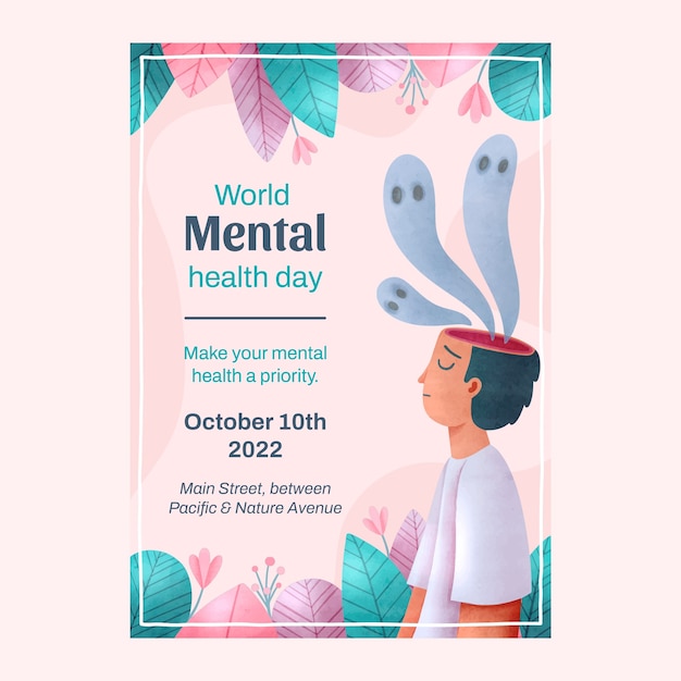 Free vector watercolor world mental health day vertical flyer template