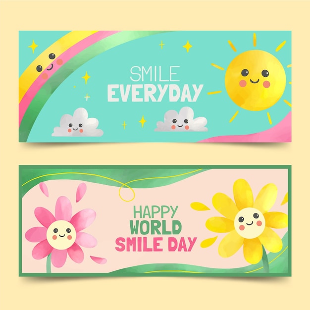 Watercolor world smile day banners set