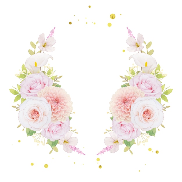 Free Vector watercolor wreath of pink roses and dahlia