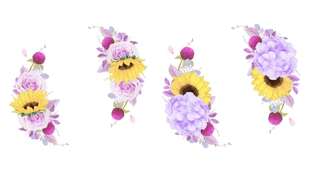 Watercolor wreath of purple rose and sunflower