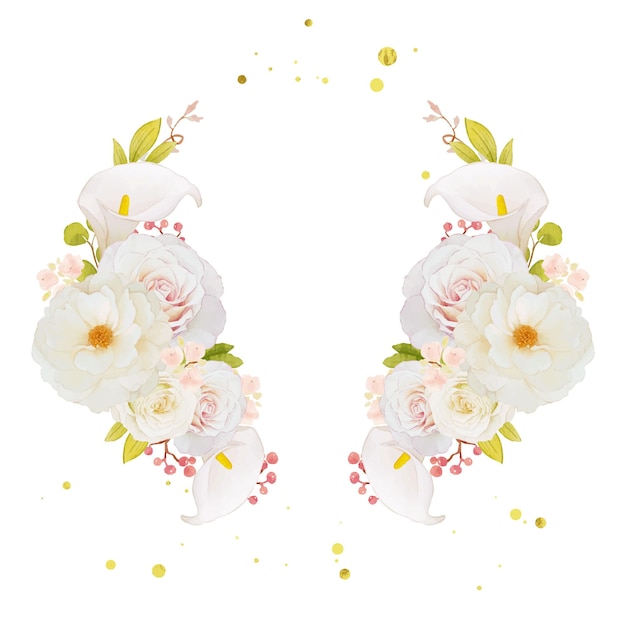 Free Vector watercolor wreath of white roses and calla lily