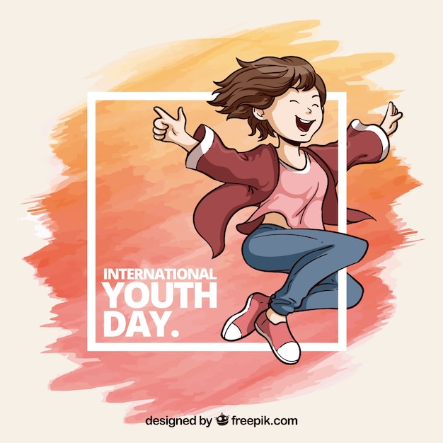 Free vector watercolor youth day frame with watercolor strokes and girl