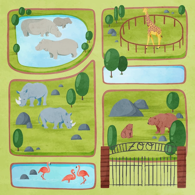 Free vector watercolor zoo map illustration