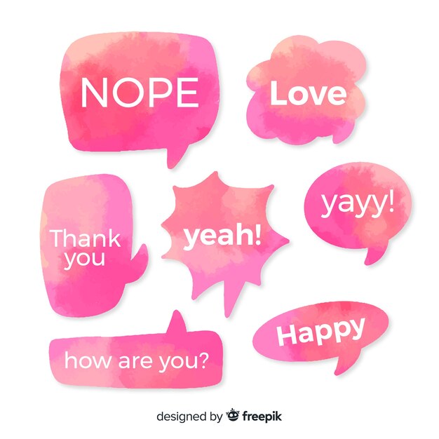 Watercolored pink speech bubbles with variety of expressions