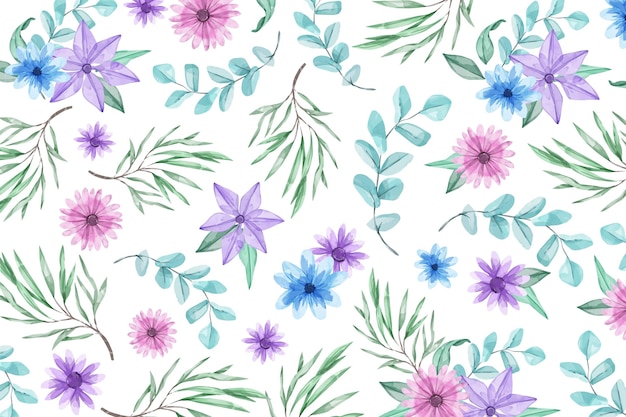 Watercolour background with blue and violet flowers