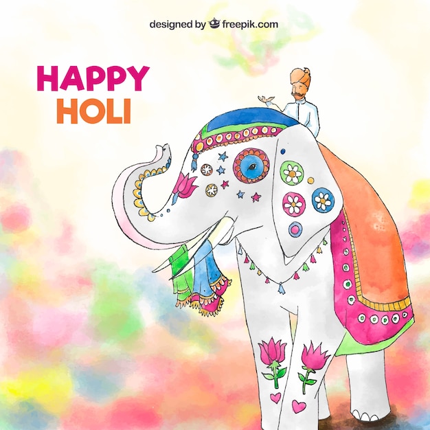 Watercolour background with an elephant happy holi