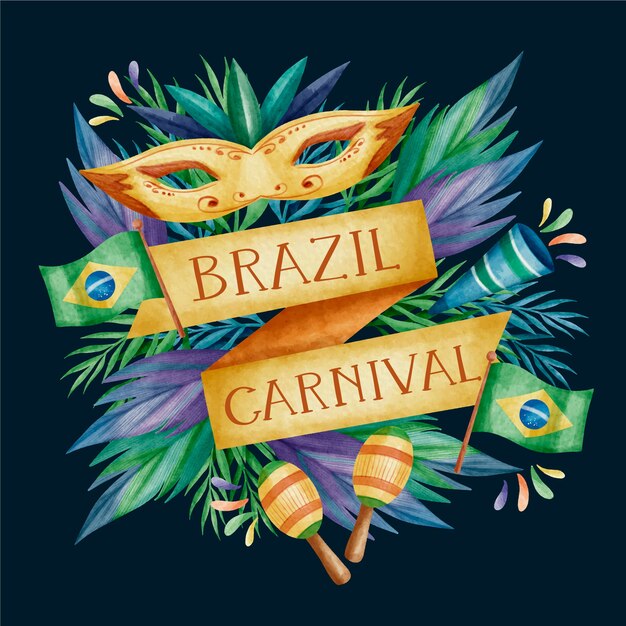 Watercolour brazilian carnival design with golden ribbons