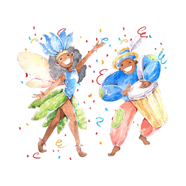 Watercolour brazilian carnival with people in costumes