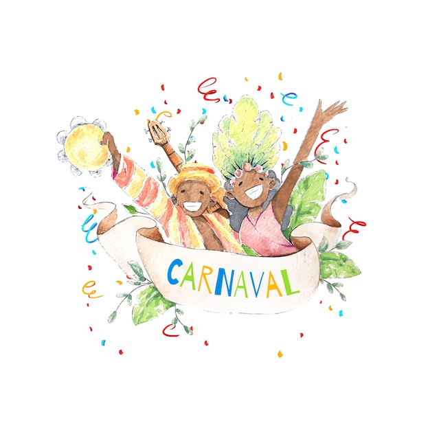 Watercolour brazilian carnival with smiley people and confetti