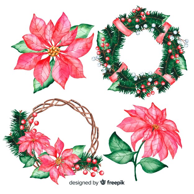 Watercolour christmas flowers on wreath