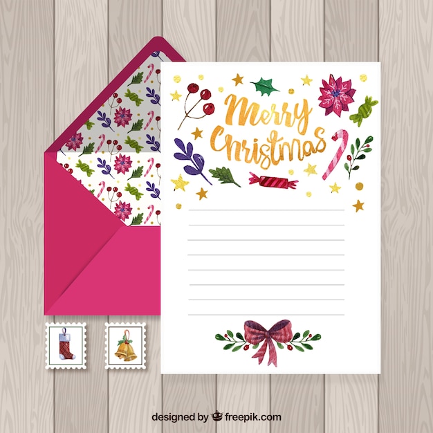 Free Vector watercolour christmas letter template with a pink envelope