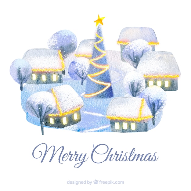 Free vector watercolour christmas town background in blue tones