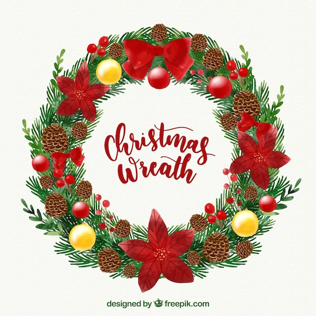 Free Vector watercolour christmas wreath with red decorations