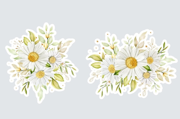 Free Vector watercolour daisy bouquet and branch sticker illustration