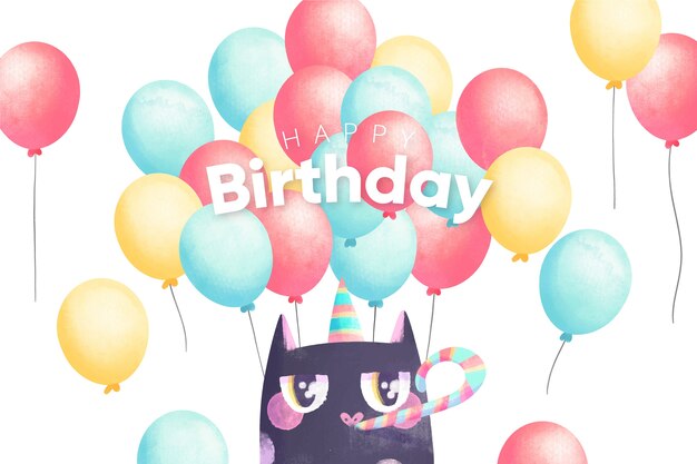 Watercolour happy birthday background and party cat