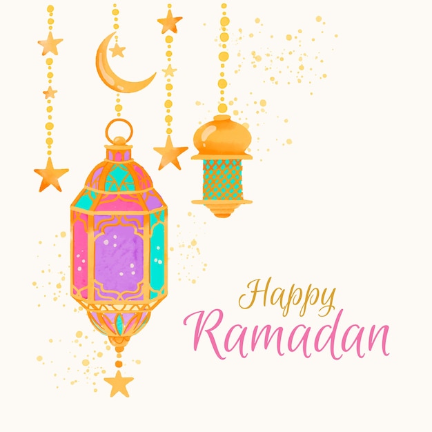 Free Vector watercolour happy ramadan and lamps