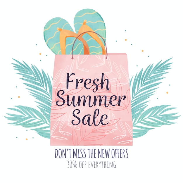 Free Vector watercolour hello summer sale shopping bag