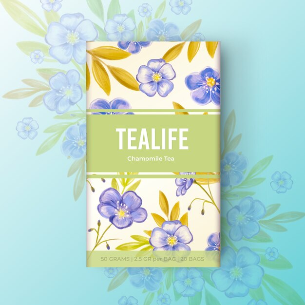 Watercolour tea design with flowers in blue tones