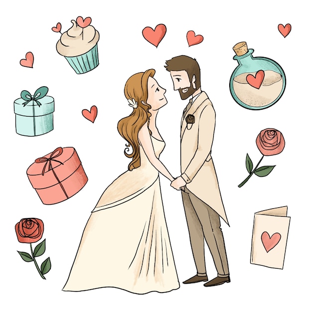 Free Vector watercolour wedding couples with wrapped gifts