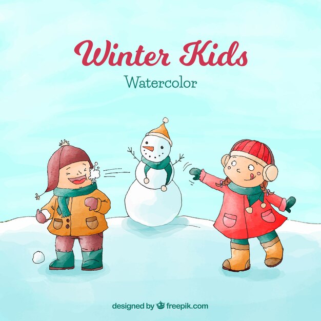 Watercolour winter background with kids and a snowman