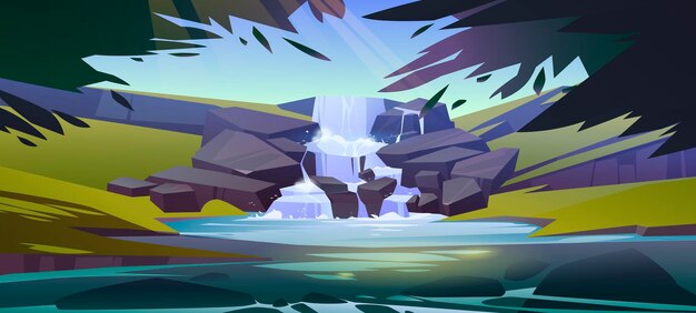 Free Vector waterfall cascade in forest cartoon landscape. river stream flowing from rocks to creek or lake under tree branches. water jet falling through stones and bushes in park or garden, vector illustration