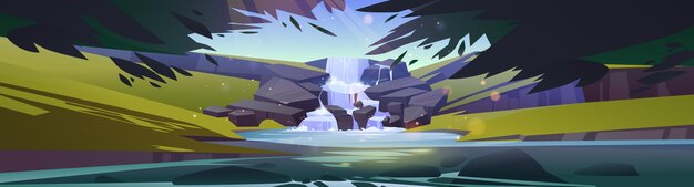 Waterfall cascade in forest cartoon landscape