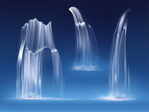 Free Vector waterfall cascade, realistic water fall streams set of pure liquid with fog of different shapes. river, fountain element for design, nature realistic 3d vector illustration