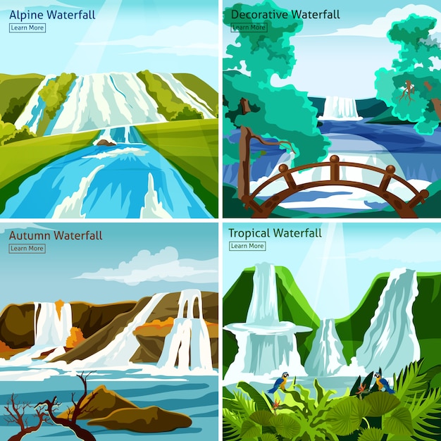 Free Vector waterfall landscapes 2x2 design concept