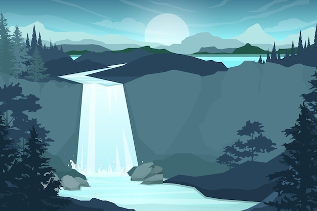 Free Vector waterfall in mountain range. rocks and water. pond and lake. nature landscape. cartoon flat illustration style