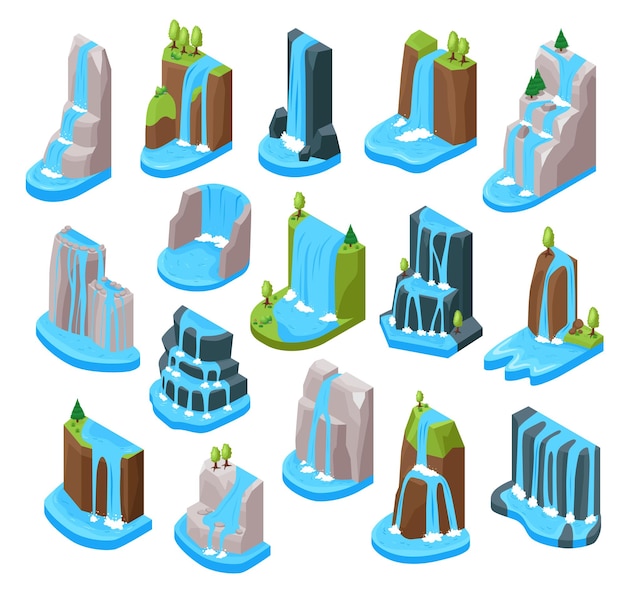 Free Vector waterfall set with national park scenery symbols isometric isolated vector illustration