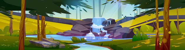 Free vector waterfall in summer forest cartoon 2d landscape