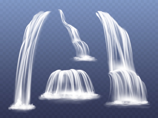 Waterfall or water cascade illustration. Isolated realistic set of flowing streams falling 